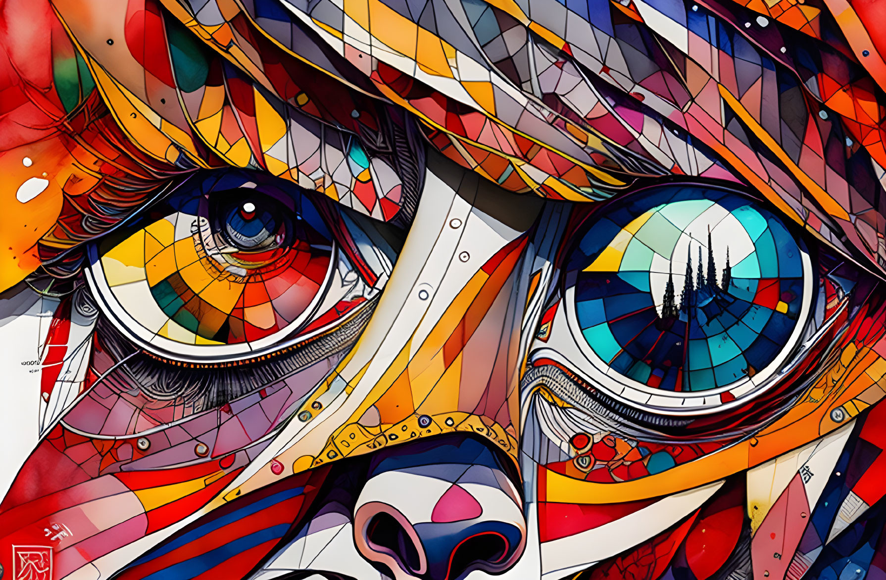 Abstract Face Art with Detailed Eyes and Tower Reflection