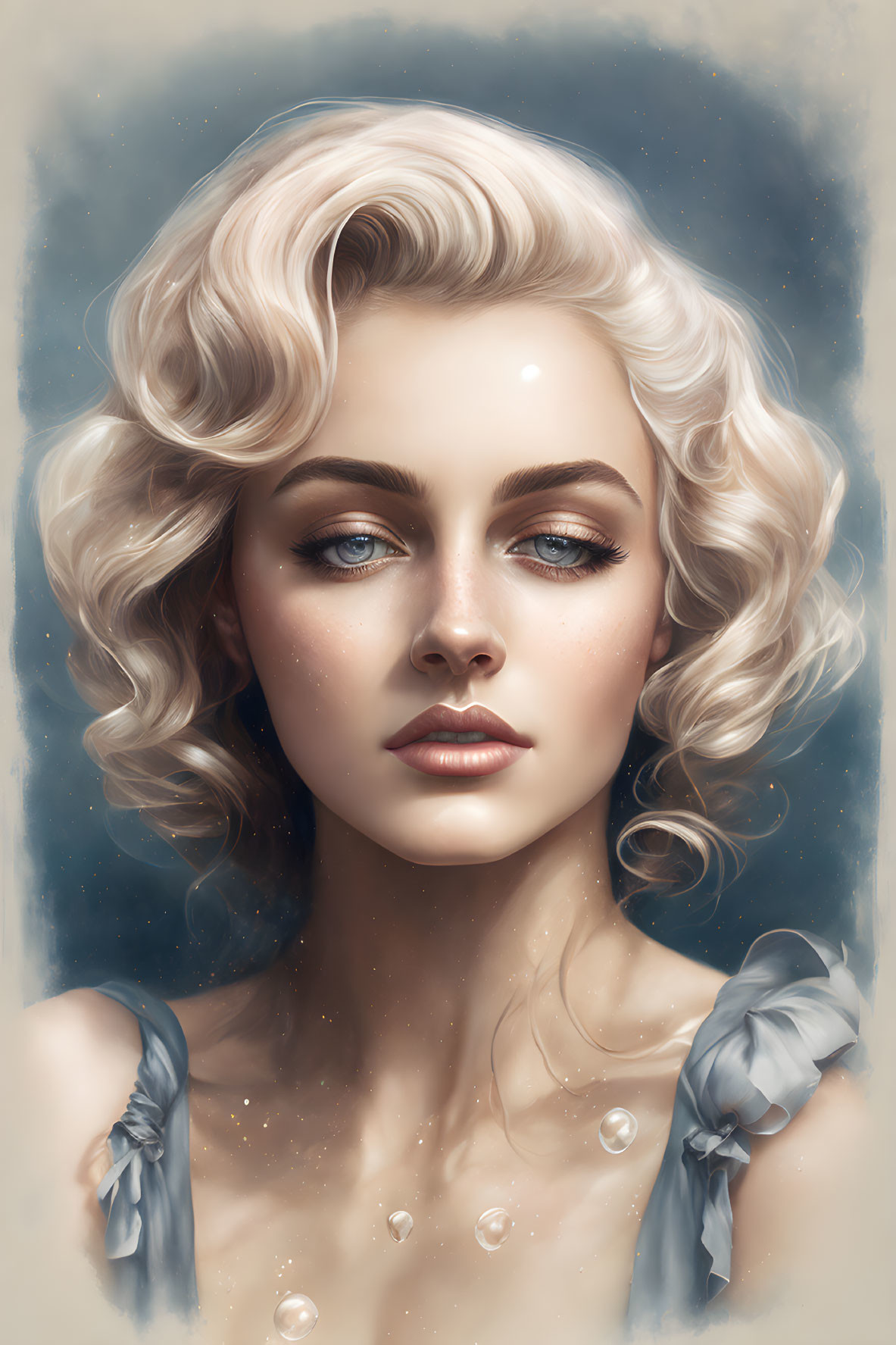 Blonde Woman Portrait with Blue Eyes and Bows on Cloudy Background