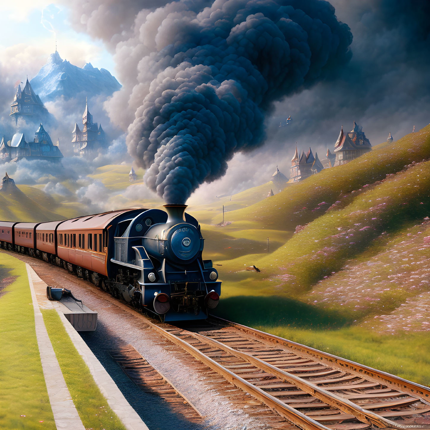 Blue steam locomotive travels through lush landscape with castles & mountains