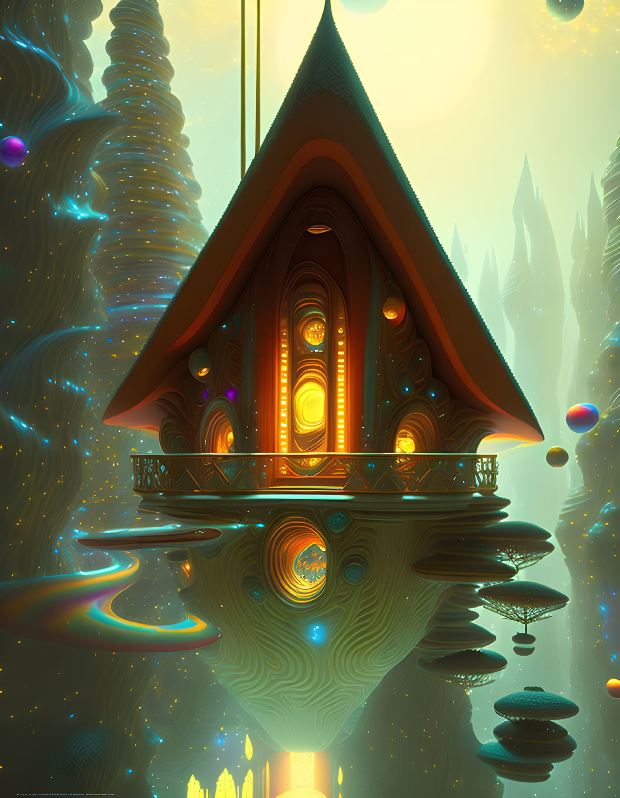 Fantastical Floating Structure Amid Glowing Spires and Orbs