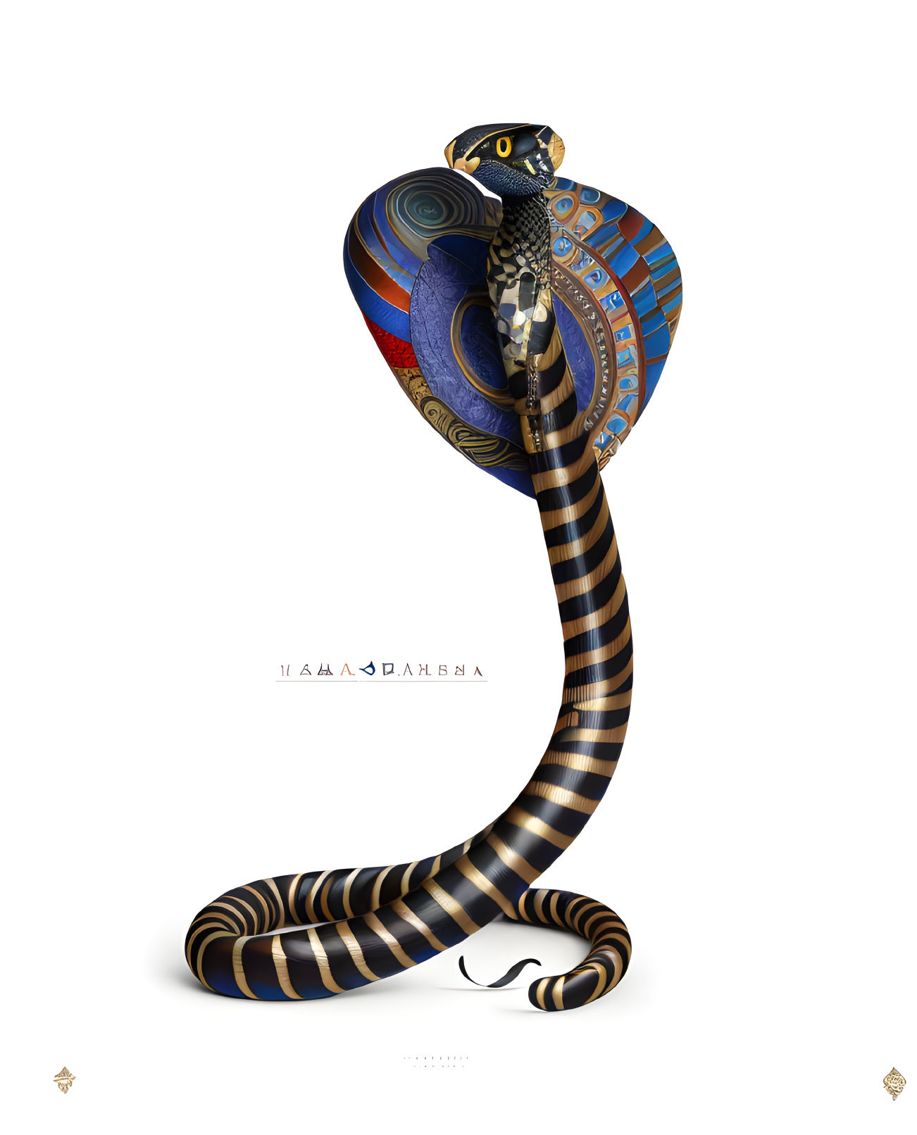 Stylized cobra with Egyptian Pharaoh design in blue and gold on white background