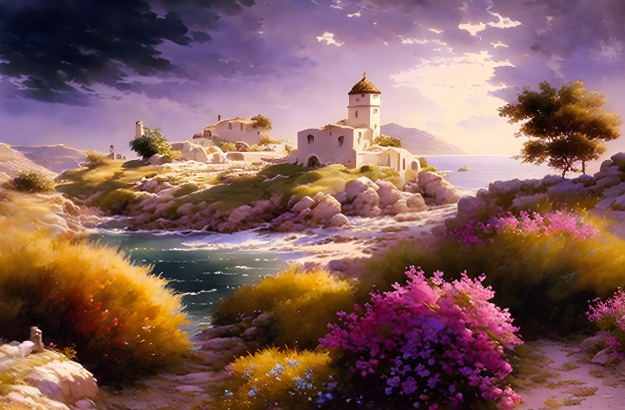 Coastal sunset landscape with lighthouse, purple flowers, and calm sea