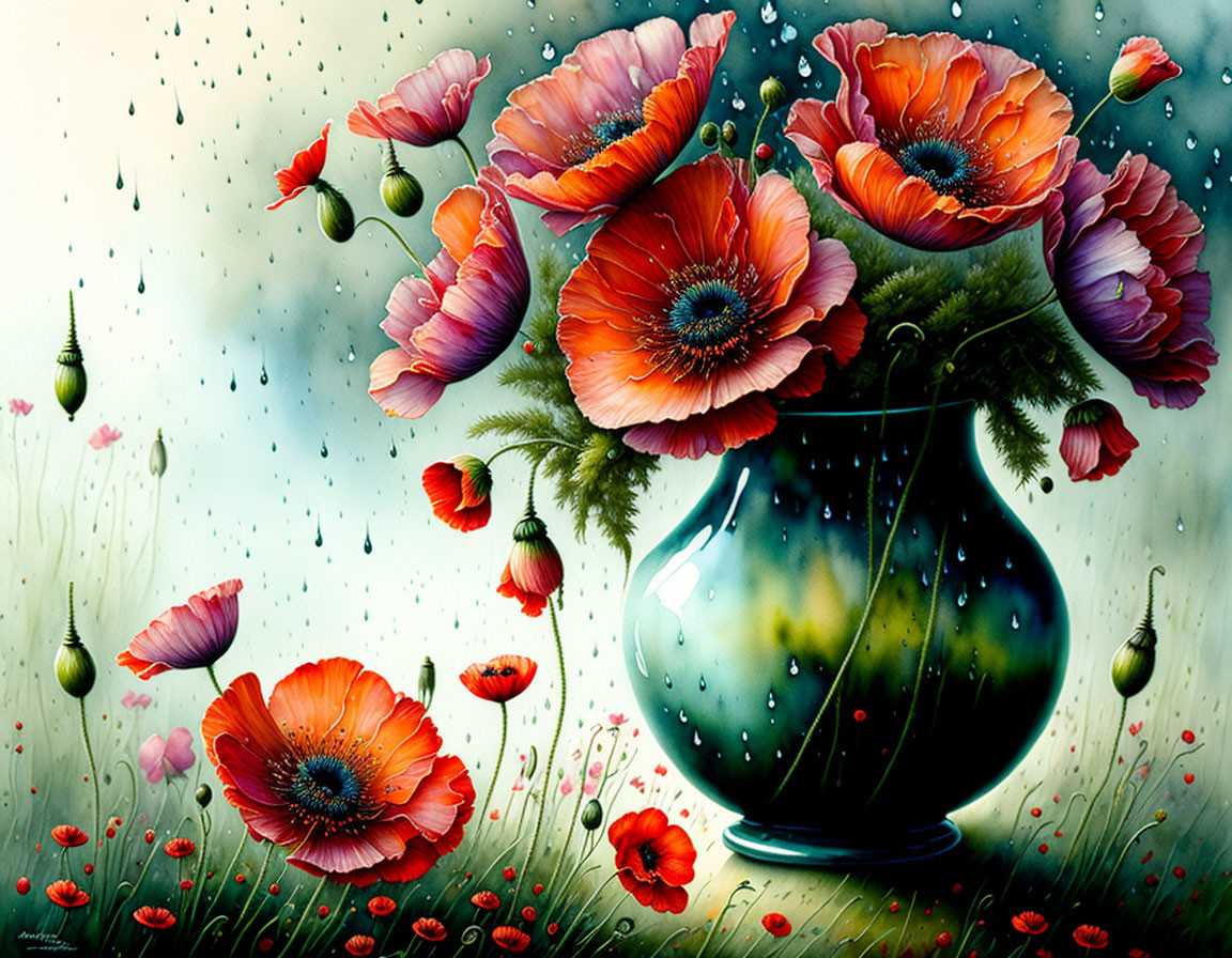 Colorful painting of red and pink poppies in blue vase with waterdrops on green backdrop