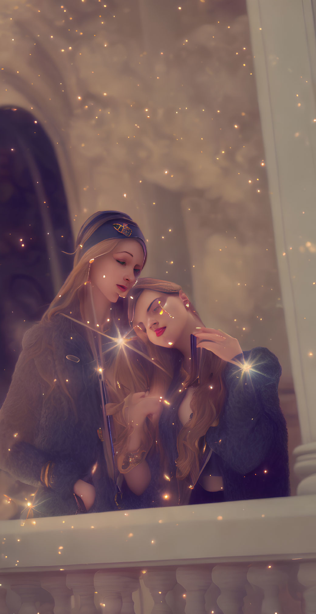 Two women in elegant attire posing by a balcony with glittering lights.