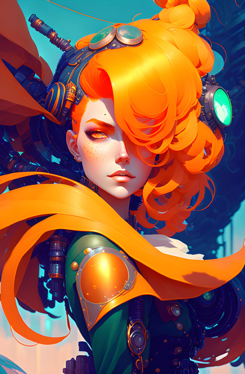 Illustration of woman with orange hair, futuristic goggles, and advanced armor