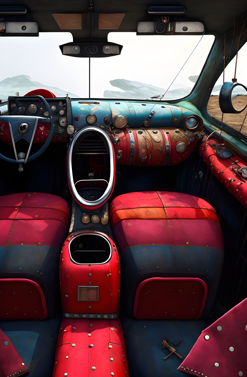 Colorful Vintage Car Interior with Red and Blue Leather Seats