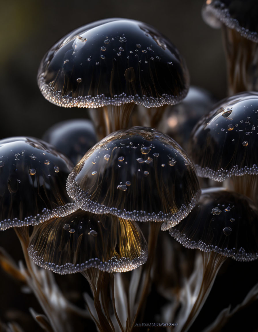 Translucent mushroom caps with dewdrops on shiny surfaces