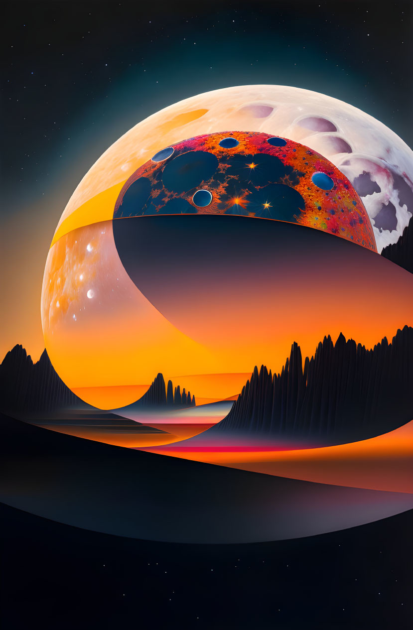 Surreal landscape with giant celestial bodies over rocky terrain