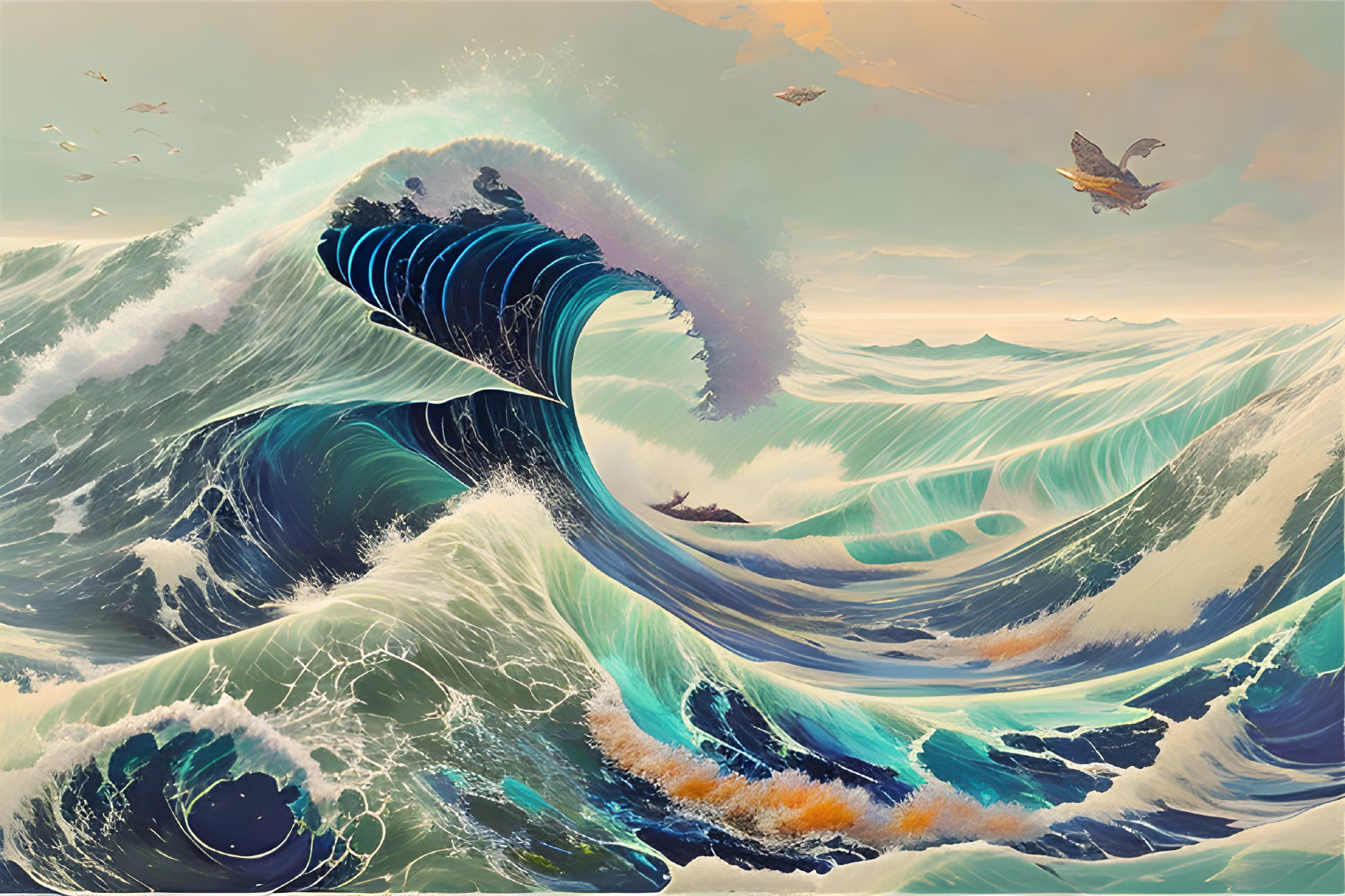 Colorful digital artwork: Ocean wave, birds, ship