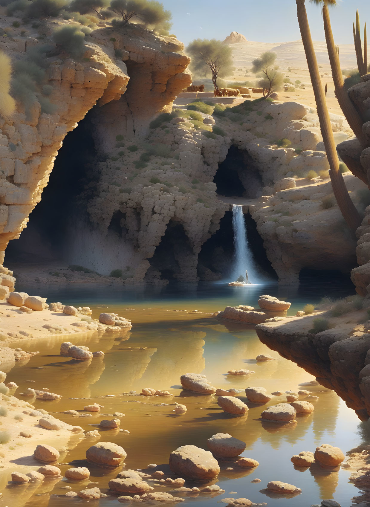 Tranquil desert oasis with waterfalls, lush vegetation, and rock formations