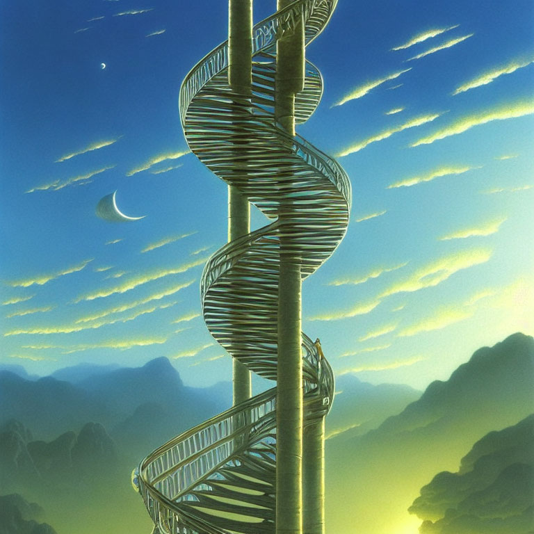 Spiraling staircase under crescent moon and mountains at twilight