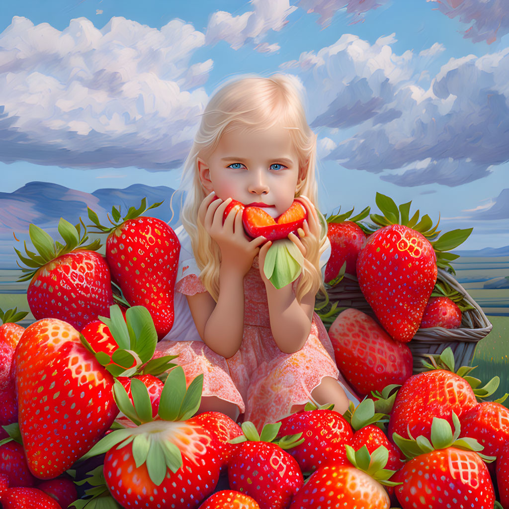 Blonde girl eating strawberry in sunny strawberry field