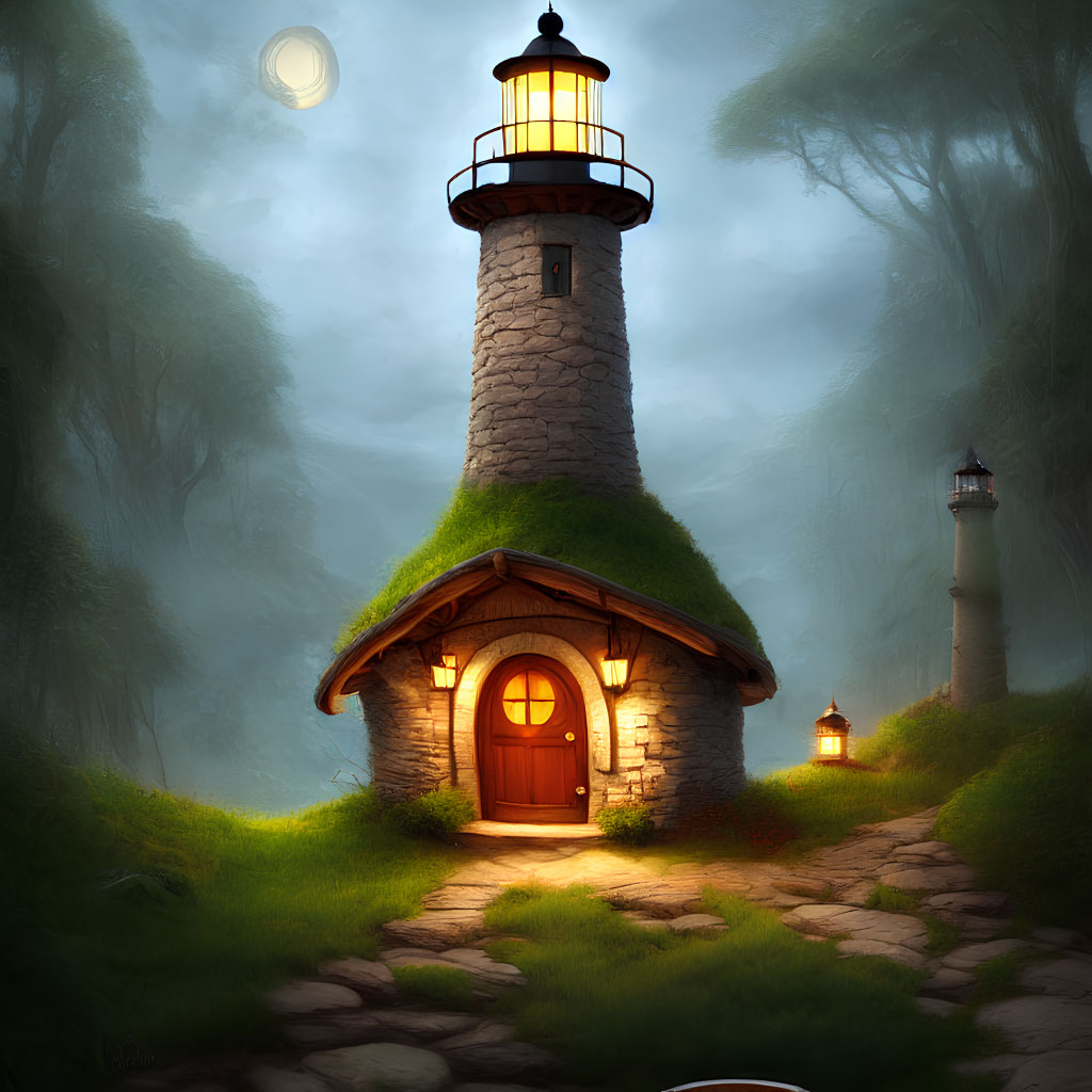 Whimsical stone lighthouse in misty forest under moonlit sky