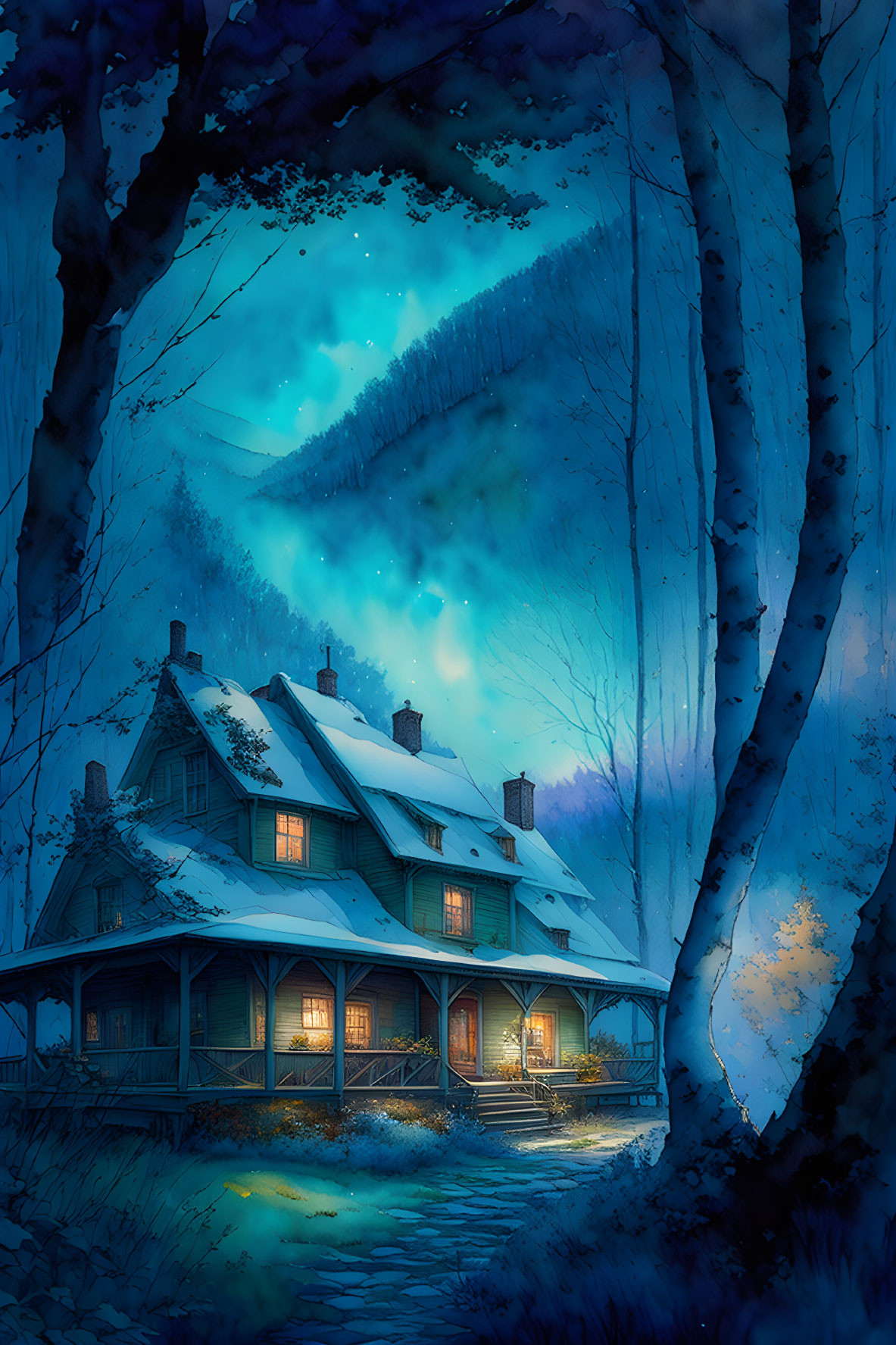 Snowy forest cottage under starry sky with warm light.