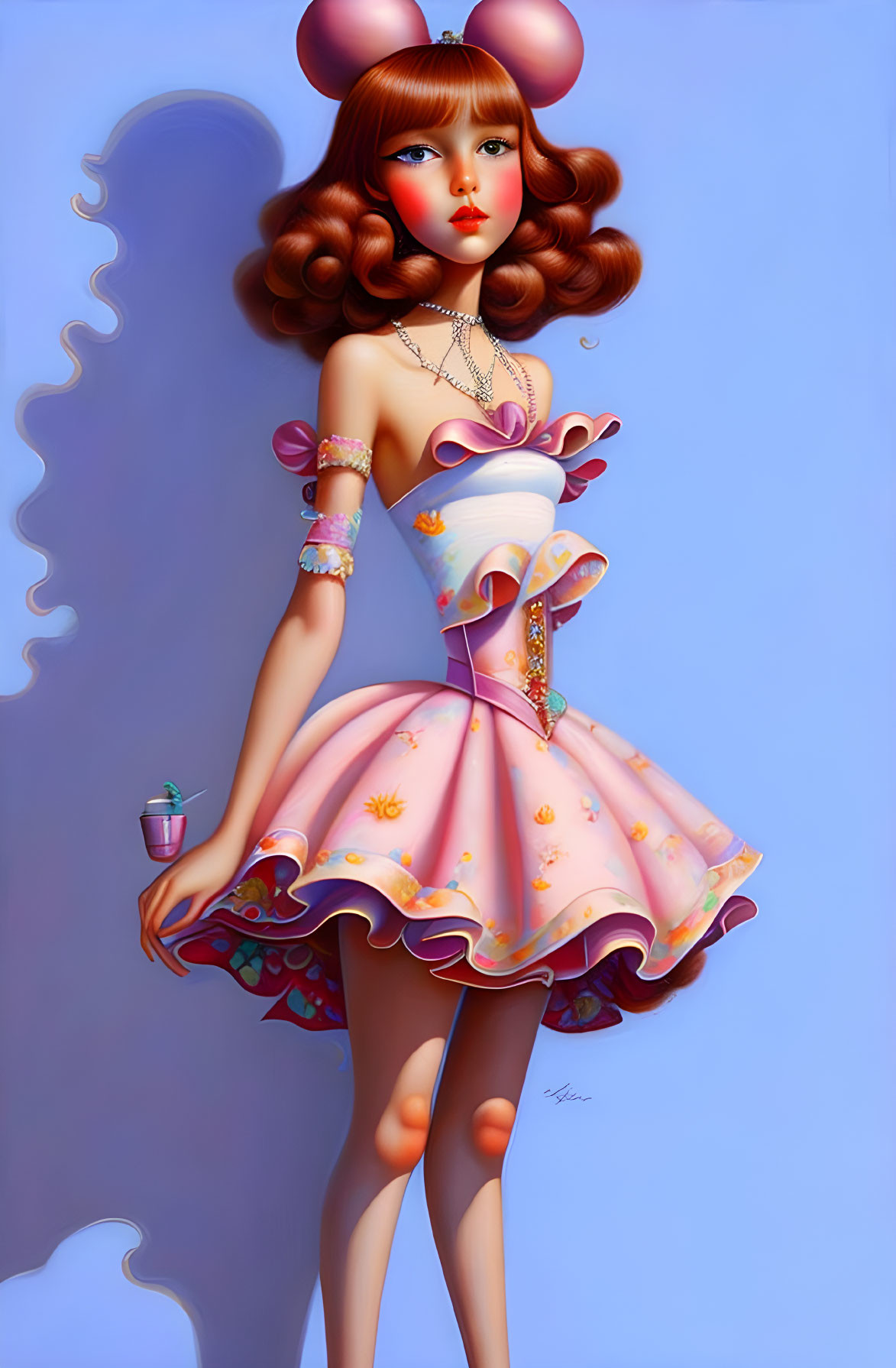 Illustration of woman with red hair in pink dress holding teacup