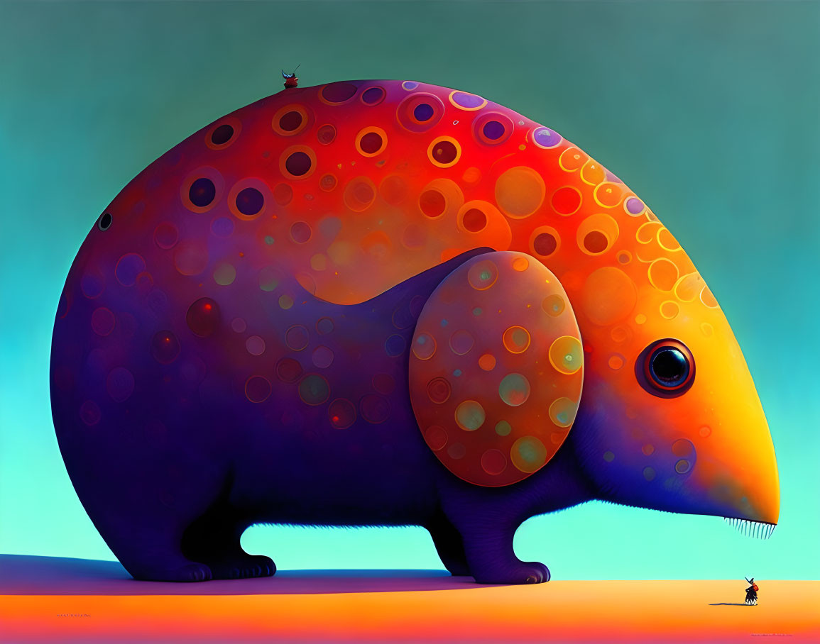 Colorful Armadillo Creature with Circular Patterns and Small Figure Illustration