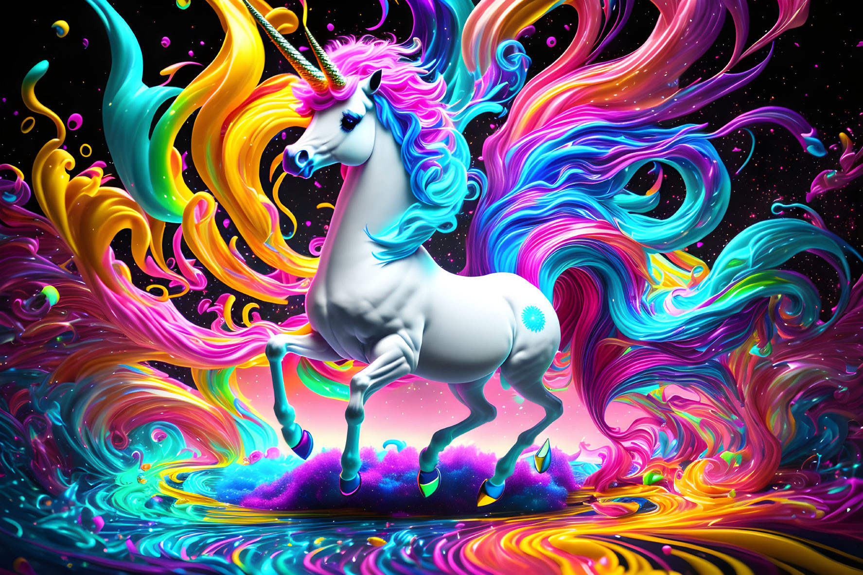 Colorful Unicorn in Neon Cosmic Waves