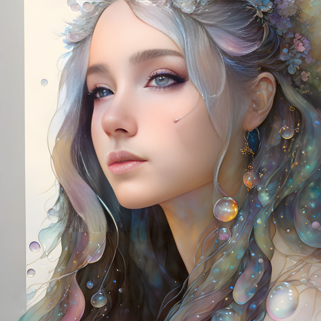 Young woman with pearlescent hair, flowers, jewels, blue eyes, and subtle makeup.