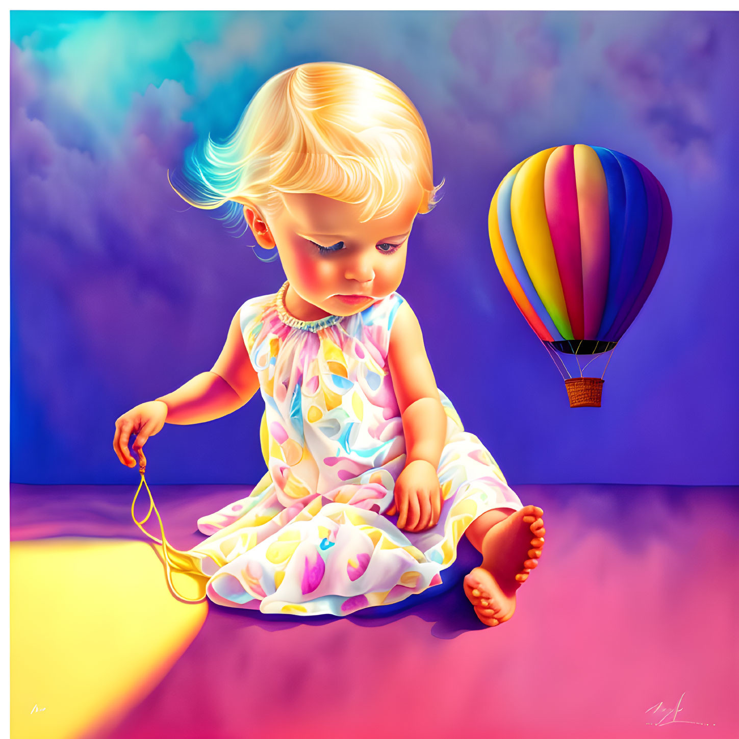 Vibrant toddler playing with string near hot air balloon