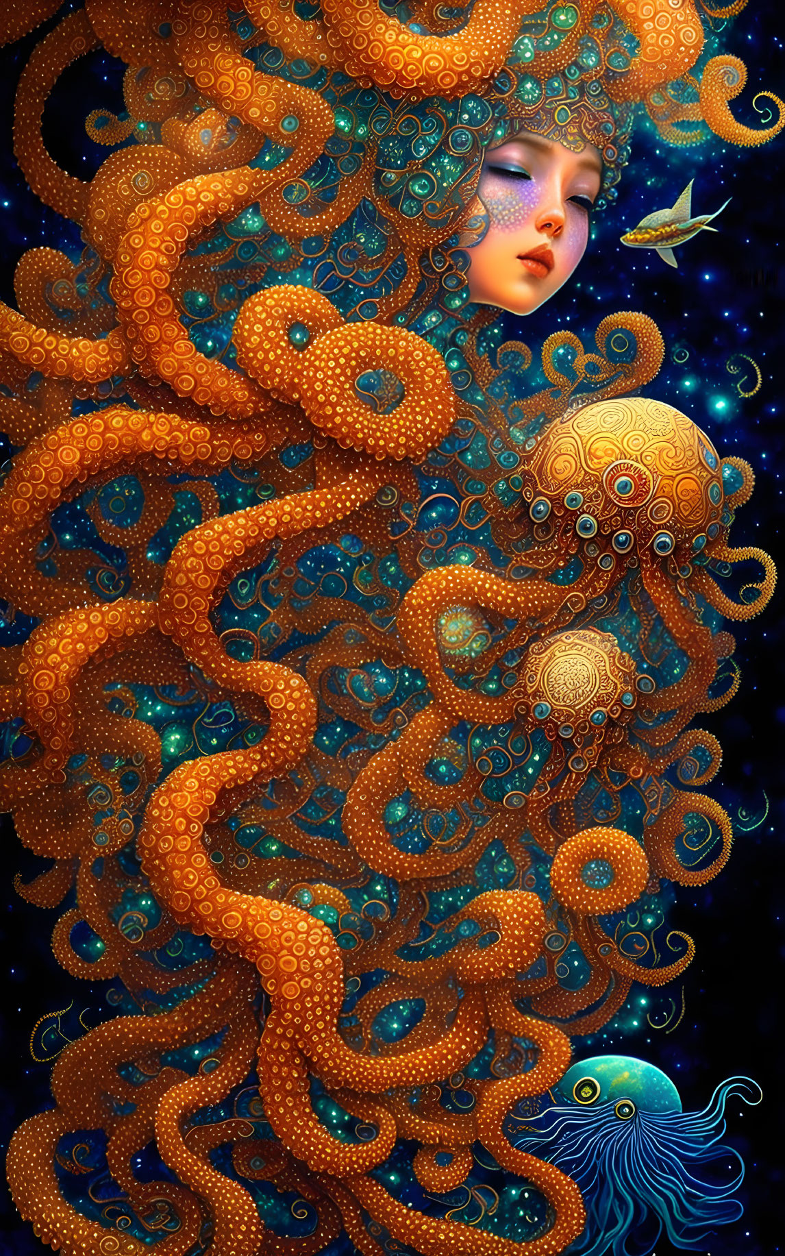 Surreal artwork: Woman's face entwined in orange octopus tentacles