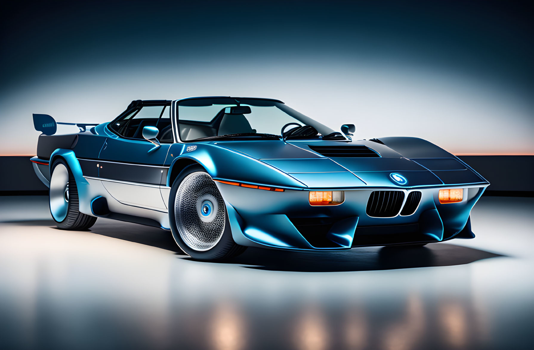 Blue BMW M1 Sports Car with Racing Stripes and Rear Wing on Orange Gradient Background