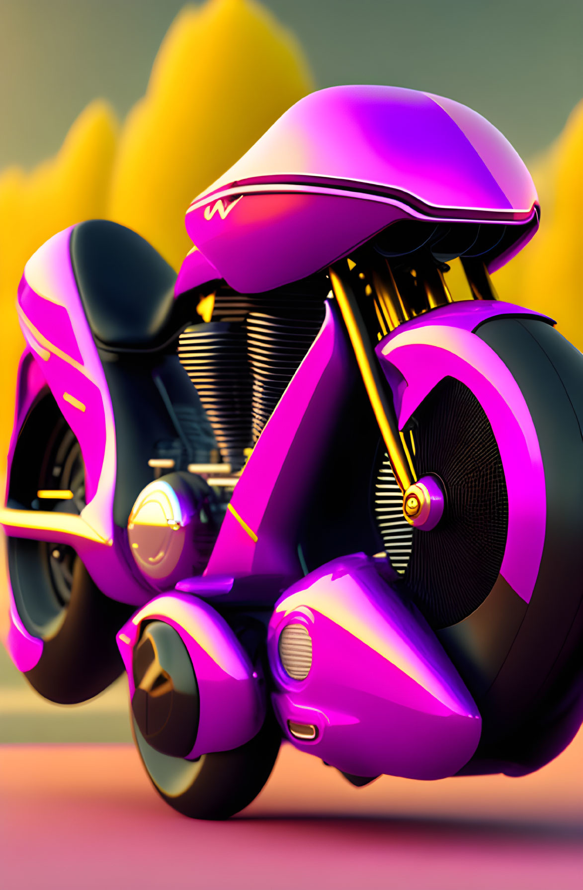 Futuristic Purple Motorcycle with Large Front Wheel on Abstract Yellow Background