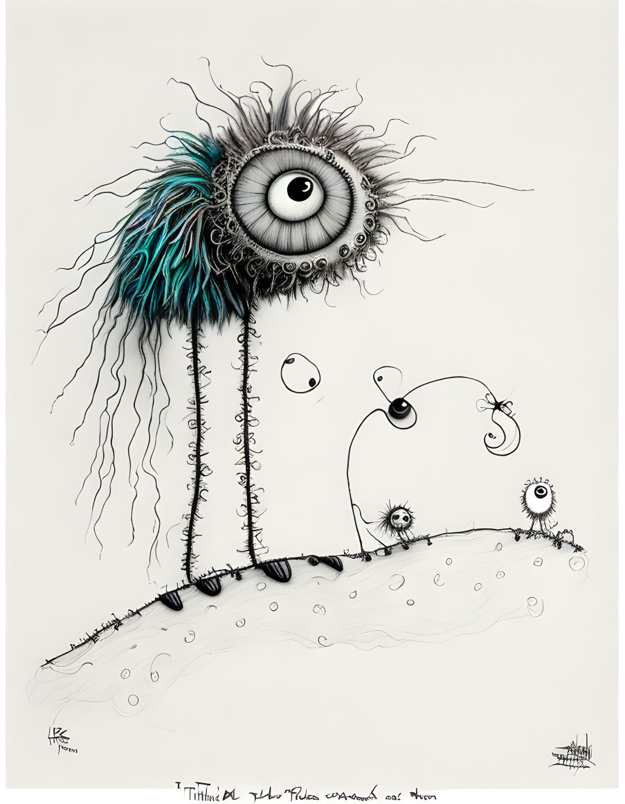 Whimsical creature with large eye and teal hair in doodled landscape