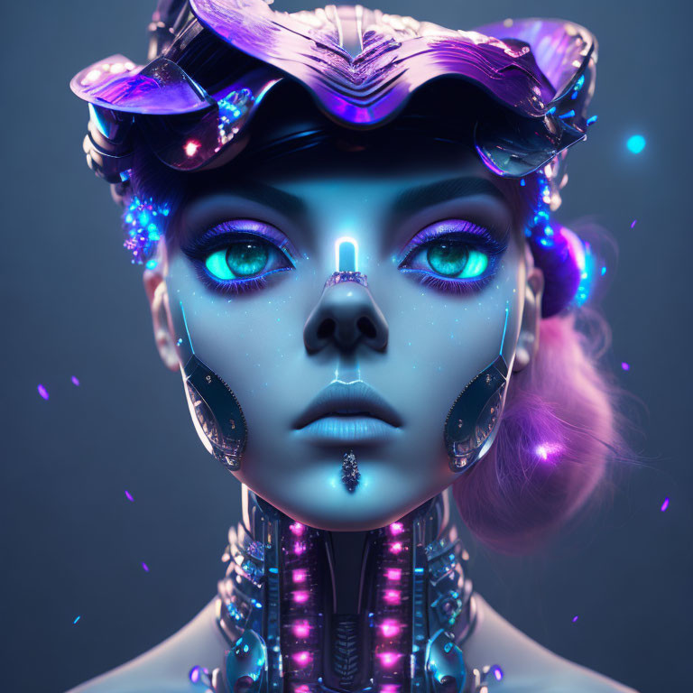 Futuristic female robot with glowing blue eyes and purple headgear on dark background