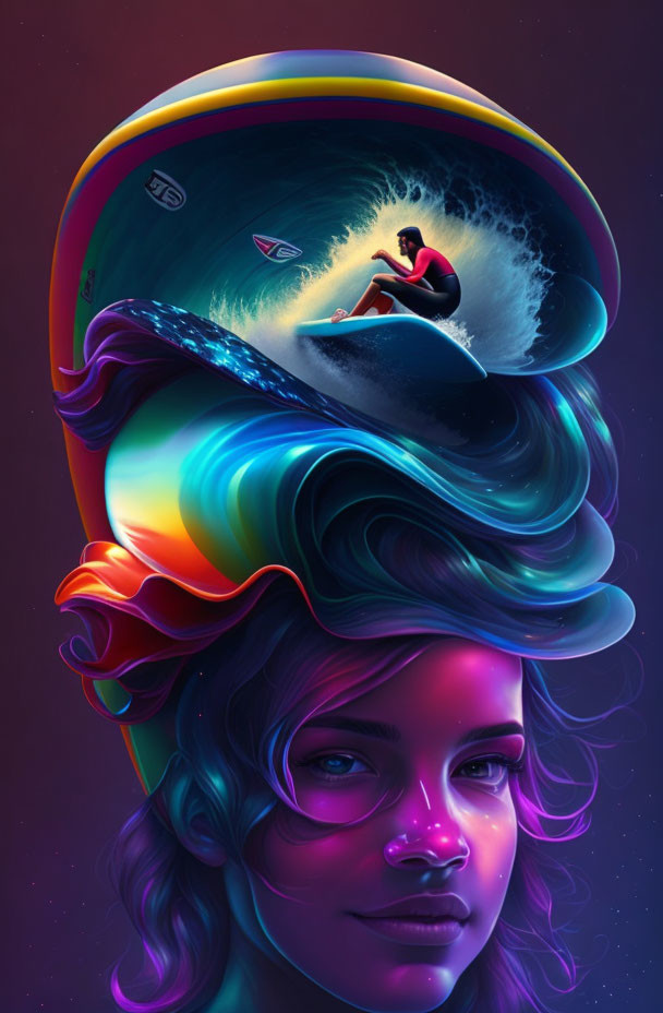 Colorful illustration of woman with wave-like hair and surfer riding wave