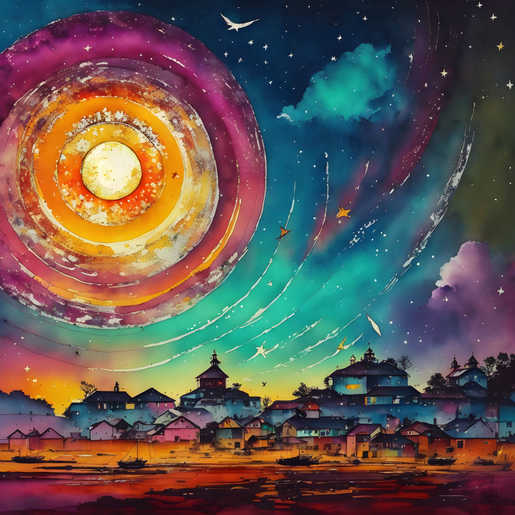 Colorful village sunset painting with swirling sky and celestial body