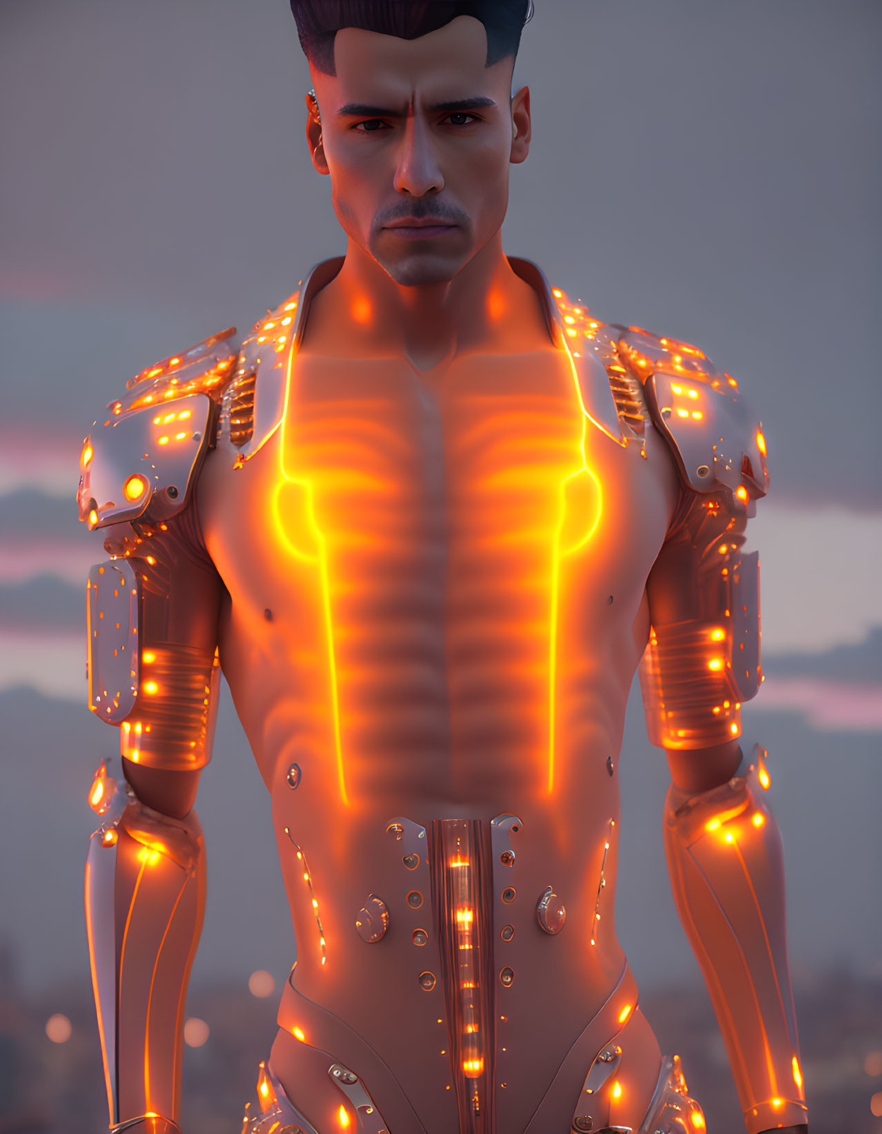 Futuristic digital artwork: Man with glowing orange lines on body