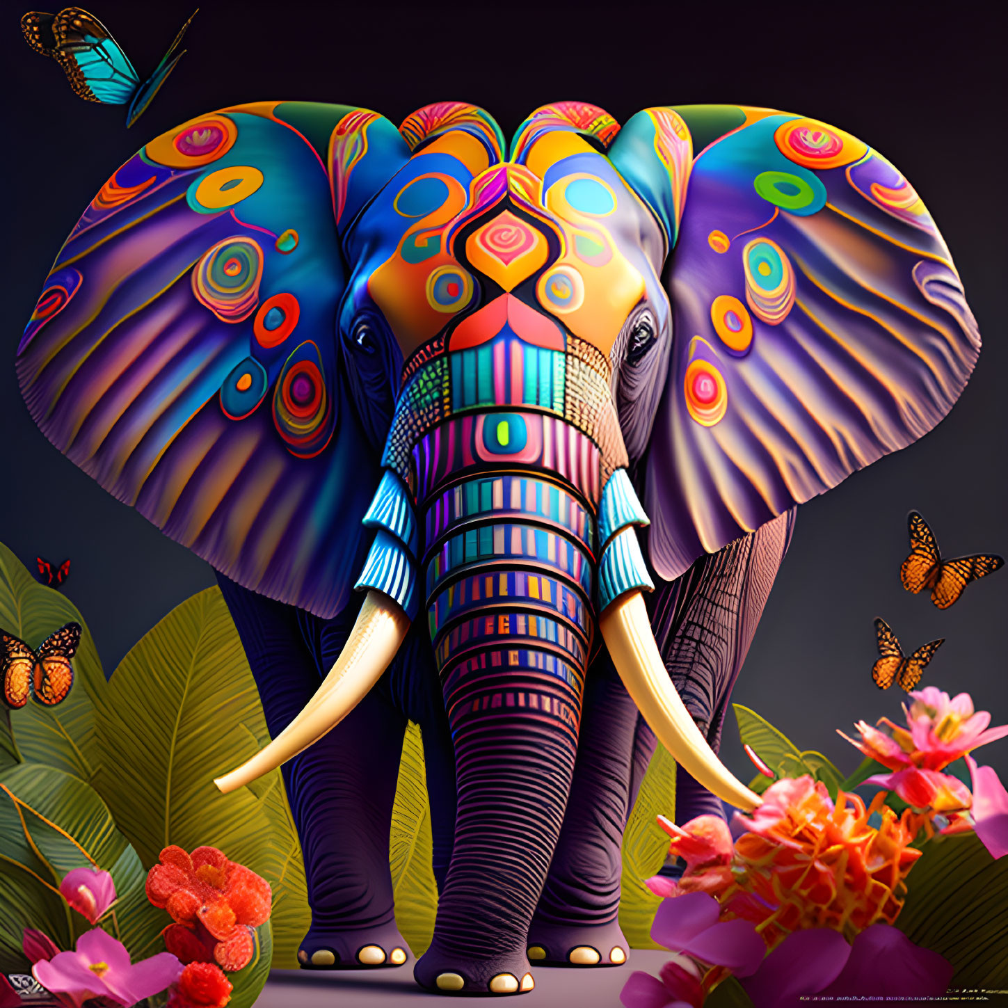 Colorful Elephant Artwork with Butterflies and Flowers on Dark Background