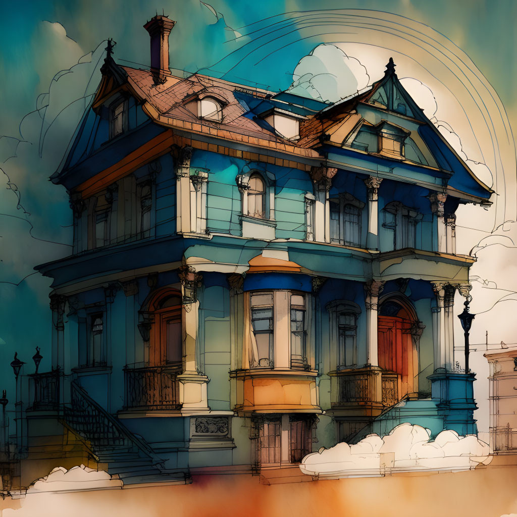 Victorian-style house illustration with exaggerated features and warm colors