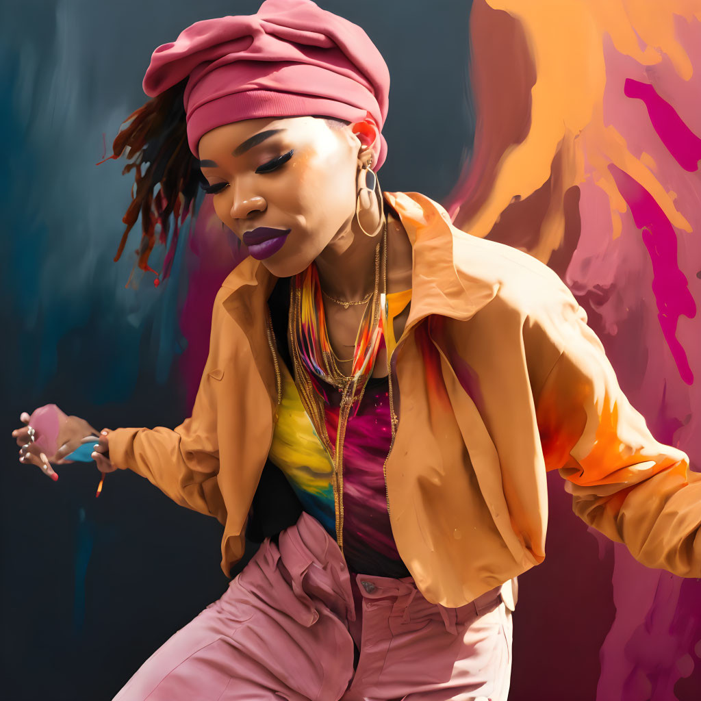 Fashionable woman in pink headwrap against colorful backdrop