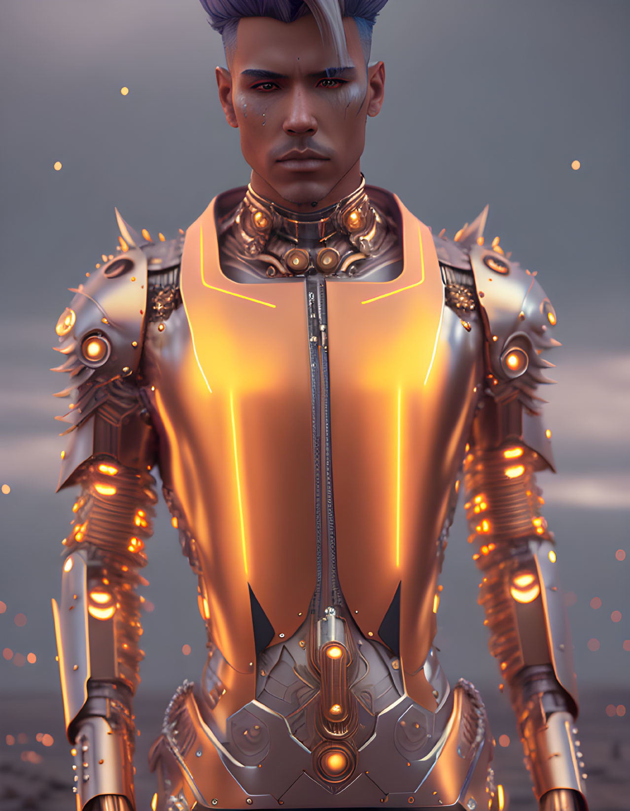 Digital Artwork: Person with Blue Hair and Glowing Orange Armor in Dusky Sky