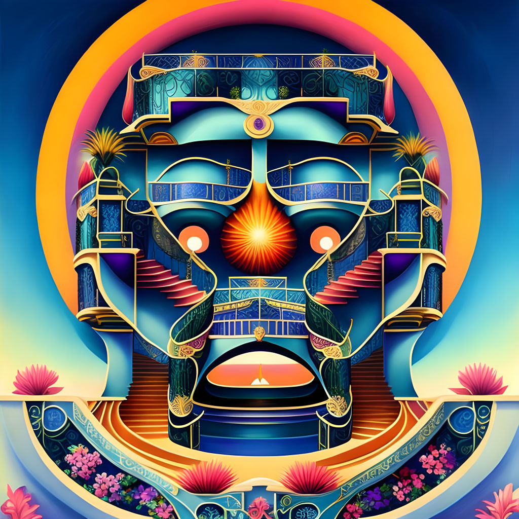 Symmetrical face artwork with nature, architecture, celestial, and mystical motifs