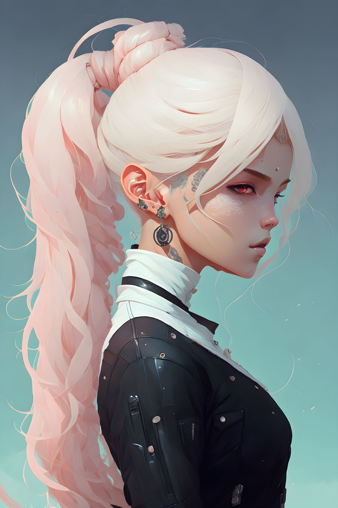 Digital art portrait of woman with pink braid, white hair, facial markings, and stylish earrings