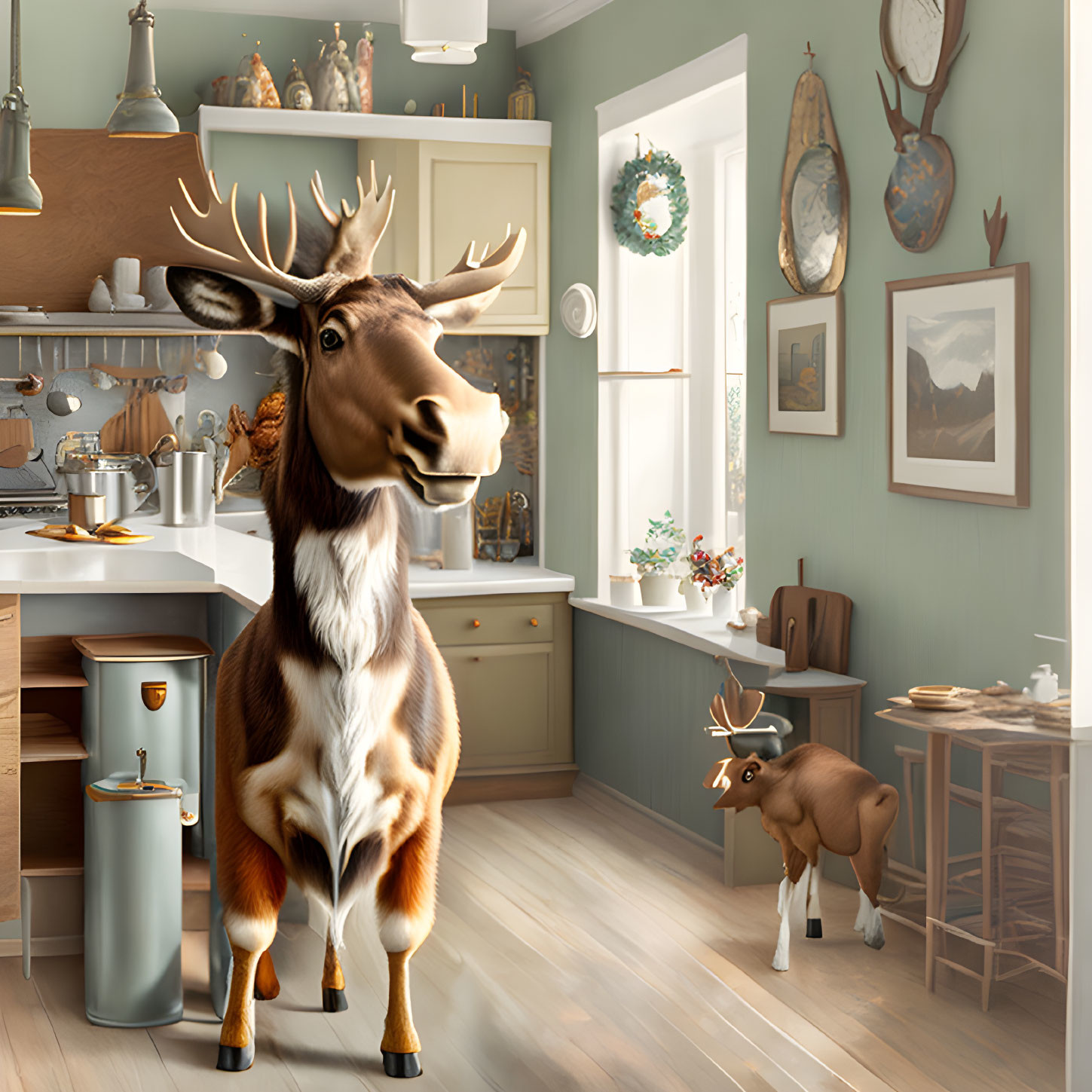 Large and small moose in vintage kitchen setting