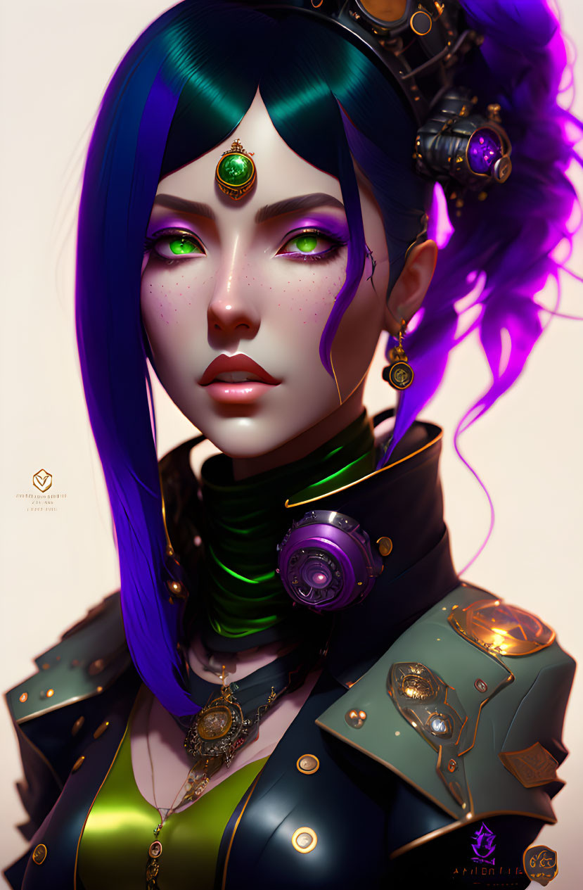 Fantasy illustration of woman in ornate armor with blue-purple hair.