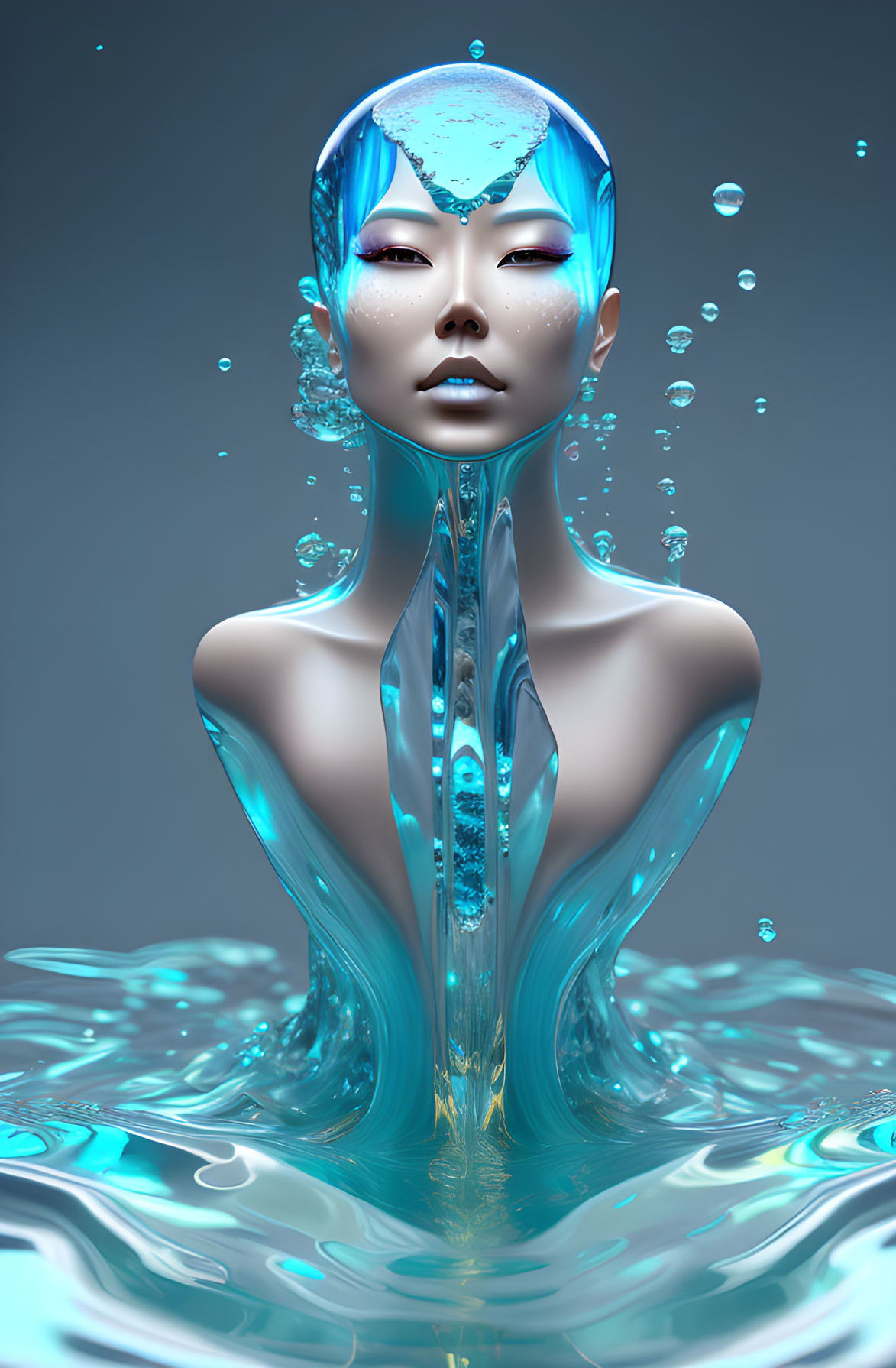 Shiny Blue Liquid Metal Humanoid Emerging from Water