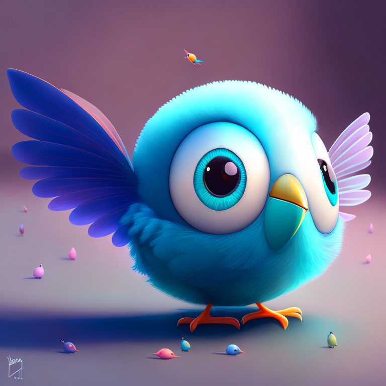 Cartoon-style round blue bird with large eye and orange feet among tiny birds and petals