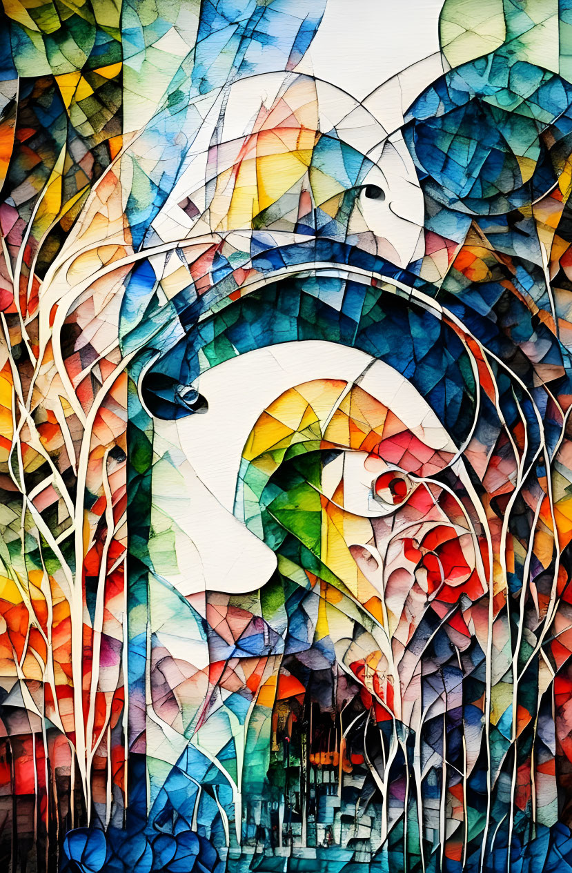 Colorful Abstract Painting with Swirling Patterns and Overlapping Shapes