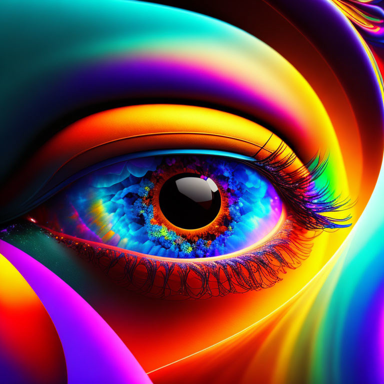 Colorful Abstract Image Featuring Realistic Human Eye in Swirling Rainbow Hues