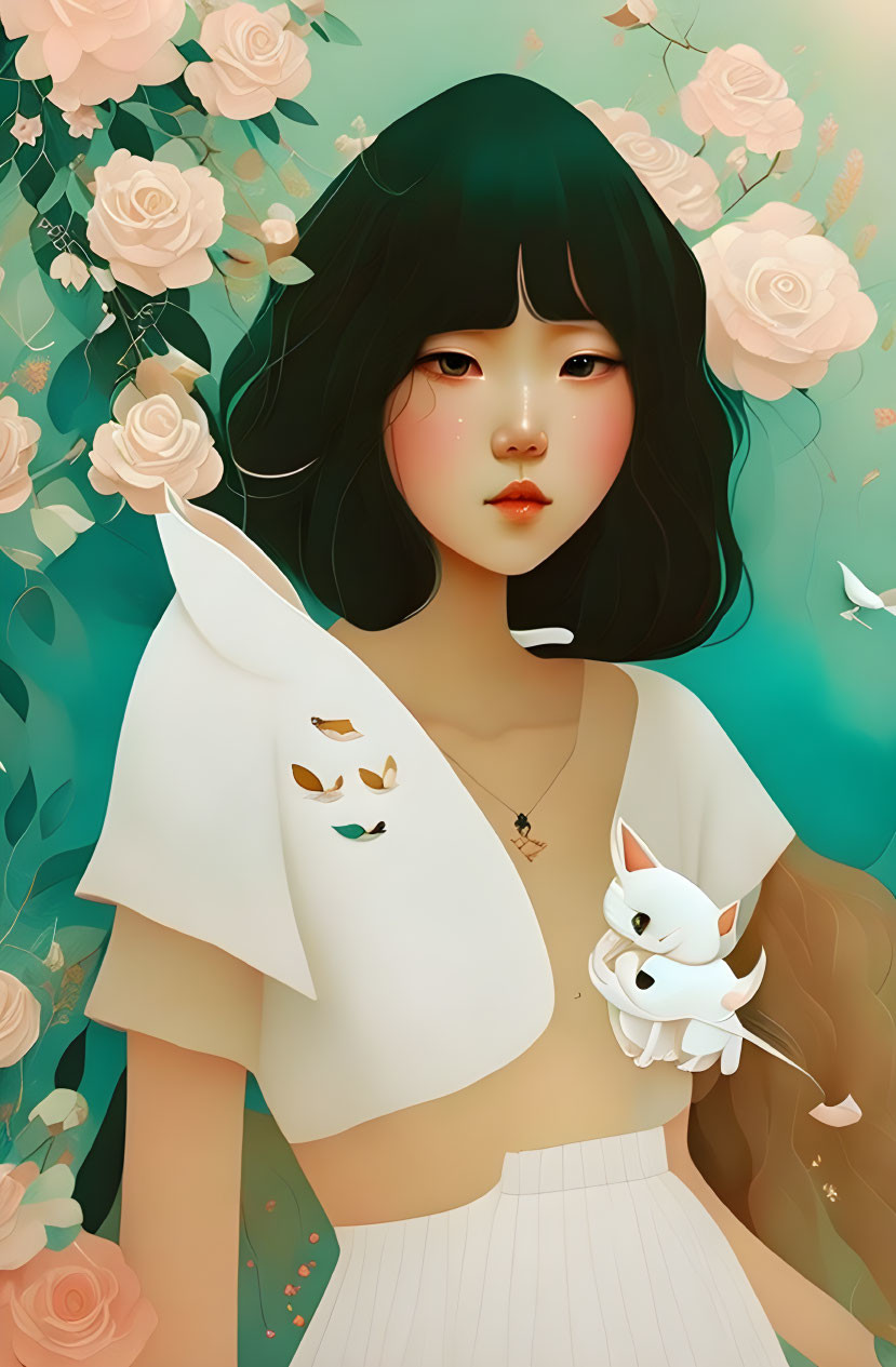 Woman with Black Hair in White Outfit Surrounded by Cat, Roses, and Bird