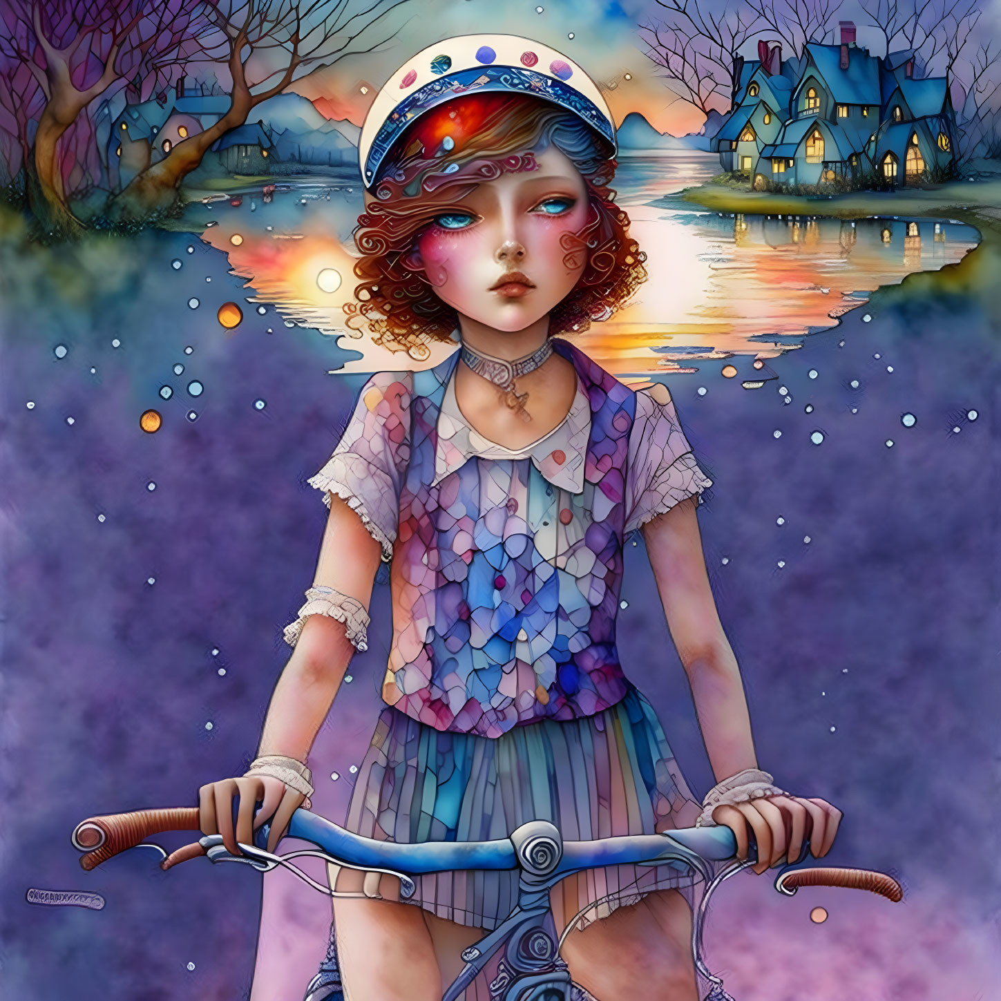 Stylized illustration of girl with cosmic helmet on bicycle in twilight setting