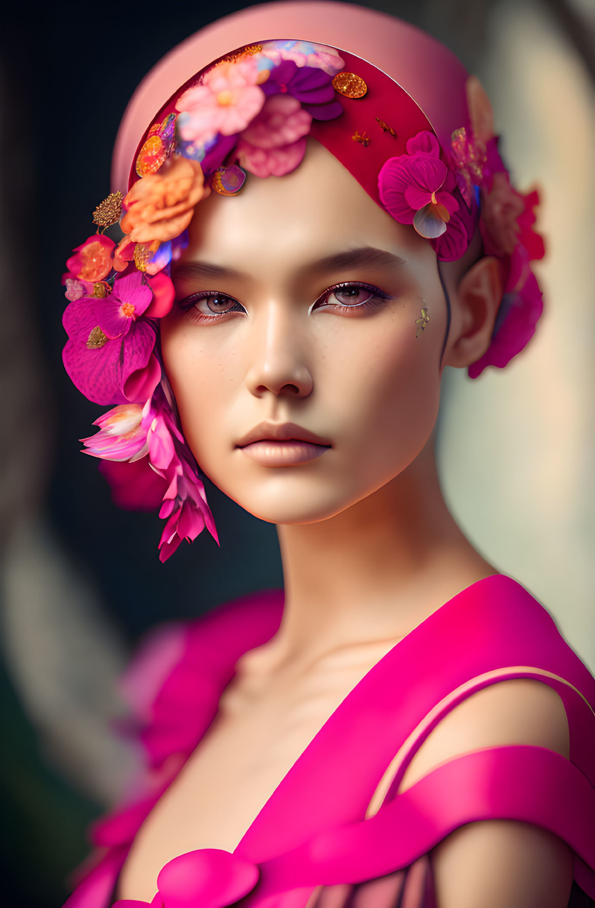 Portrait of a person in vibrant pink attire with floral headband and ornate makeup