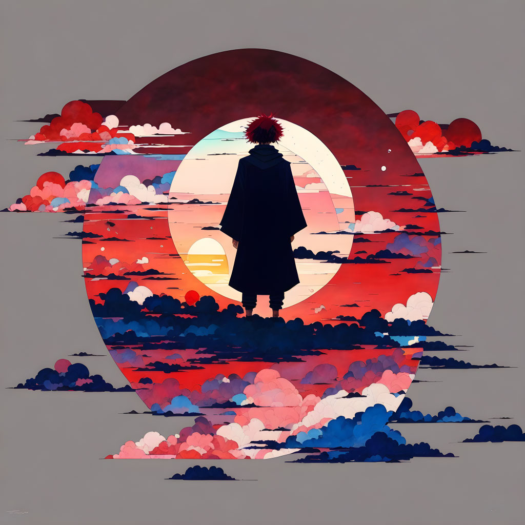 Silhouetted figure against multicolored sunset in circle frame