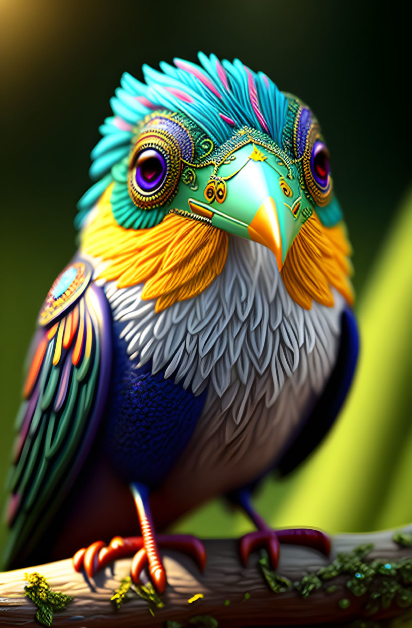 Colorful Mechanical Bird Perched on Branch with Intricate Gear Details