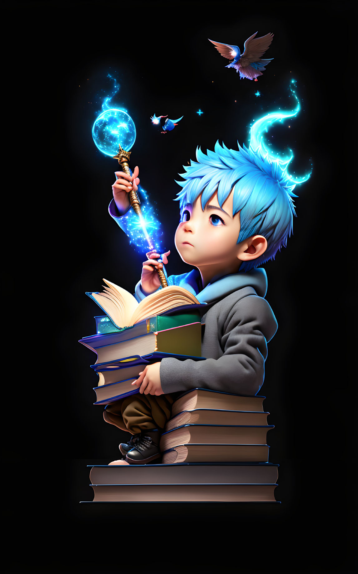 Blue-haired animated boy casting magical spell with wand, surrounded by glowing butterflies.