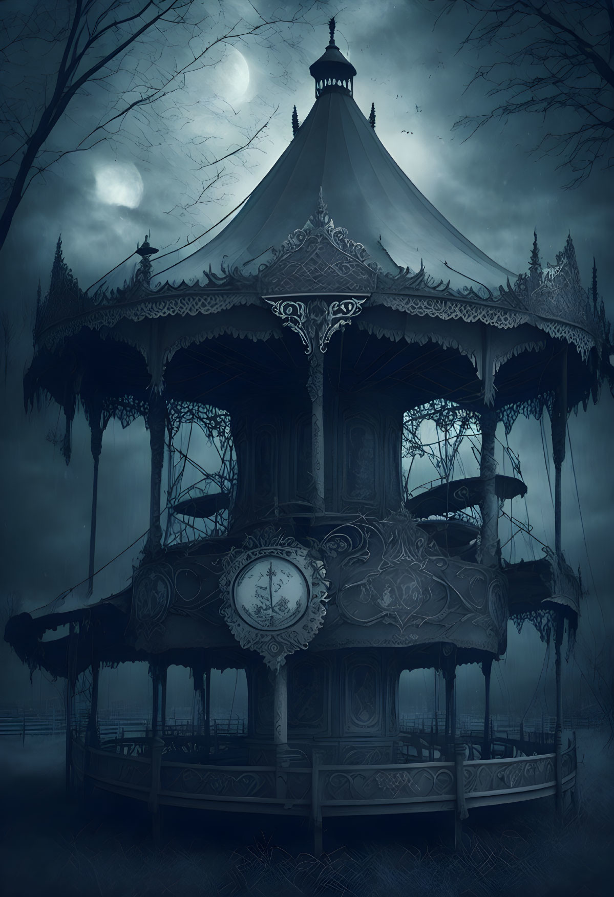 Abandoned carousel with intricate designs on a foggy night